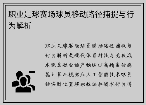 职业足球赛场球员移动路径捕捉与行为解析