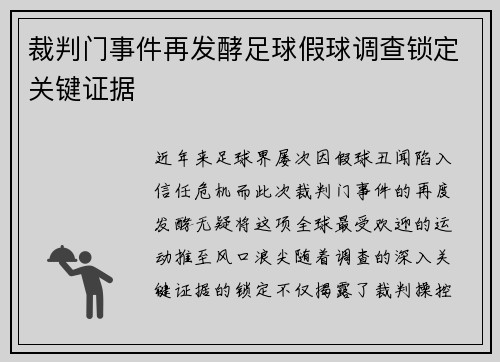 裁判门事件再发酵足球假球调查锁定关键证据